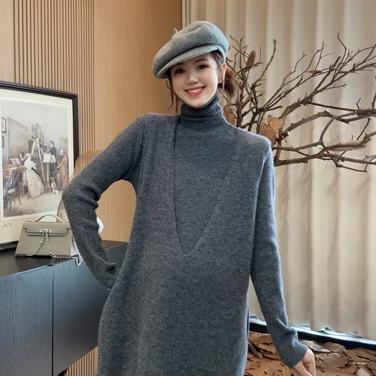 Zoey孕妇装［艺术家］秋冬加厚简约高领针毛衣背心搭配阔腿裤三件套