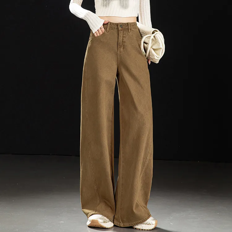 美式摩卡棕阔腿牛仔裤女2025秋冬款宽松加绒直筒裤垂感显瘦拖地裤