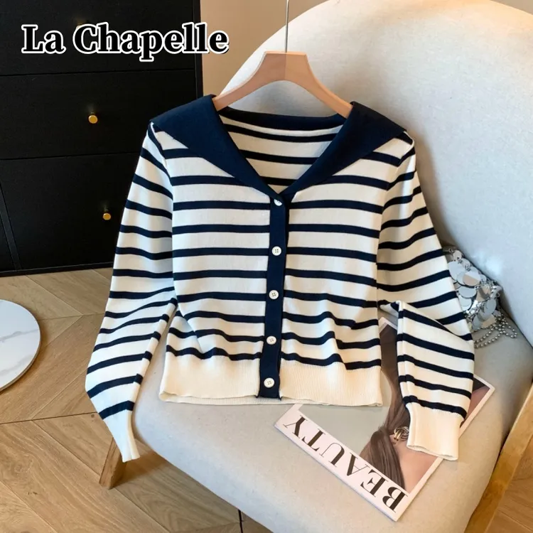 拉夏贝尔秋季新款撞色海军条纹毛衣针织开衫针织衫上衣穿搭韩系