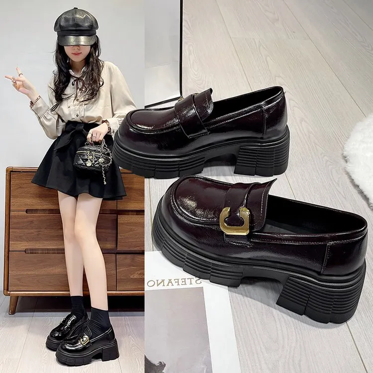【红姐女鞋】厚底踩屎感粗跟乐福鞋2025新款秋季英伦风通勤皮鞋粗跟