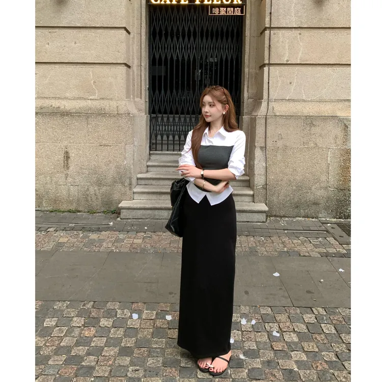 SZA【秋阳映影】秋季新款高级感假两件撞色收腰显瘦衬衫A-2277