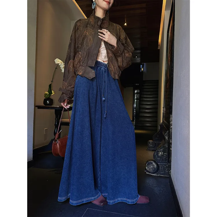 三吉黑花【雾道】水洗针织微喇阔腿裤子宽松休闲长裤女款2025新款