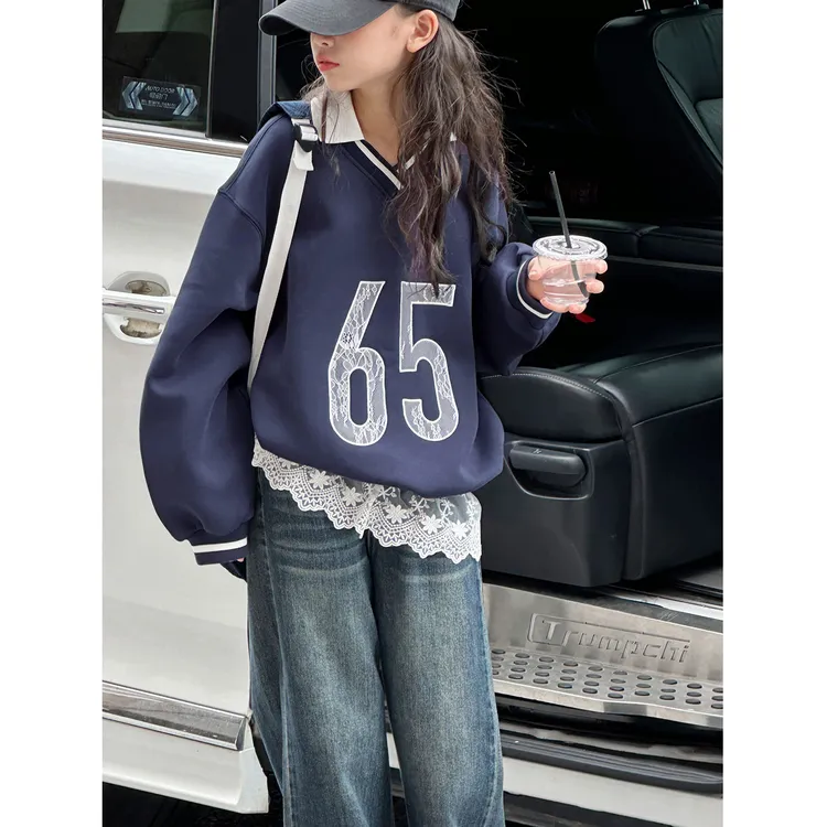 K29592孙小美蕾丝拼接女童polo衫卫衣2025新款秋装儿童洋气上衣服