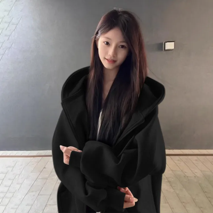 黑色宽松连帽显瘦卫衣秋冬外套女爆款2025新款韩系高级感上衣即墨