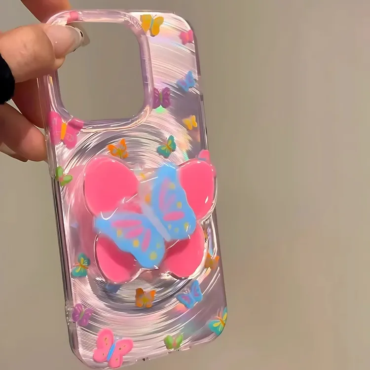 蝴蝶旋转支架流光IMD手机壳适用苹果15/16promax苹果14/13新款12