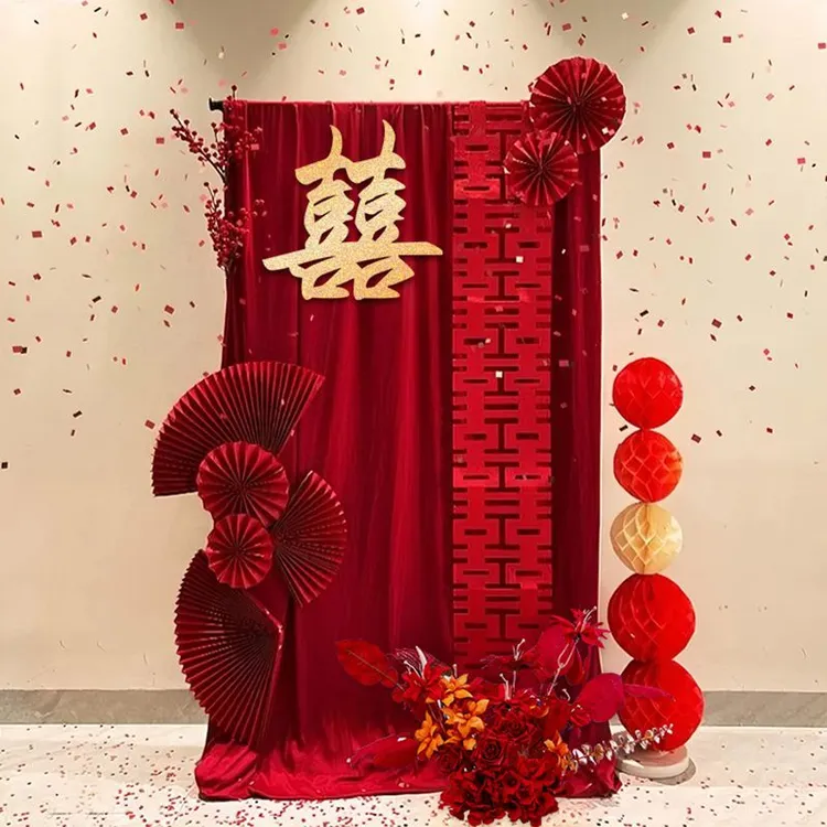 婚房氛围感中式布幔布置结婚礼套装饰拉花女方客厅晨袍拍照背景墙