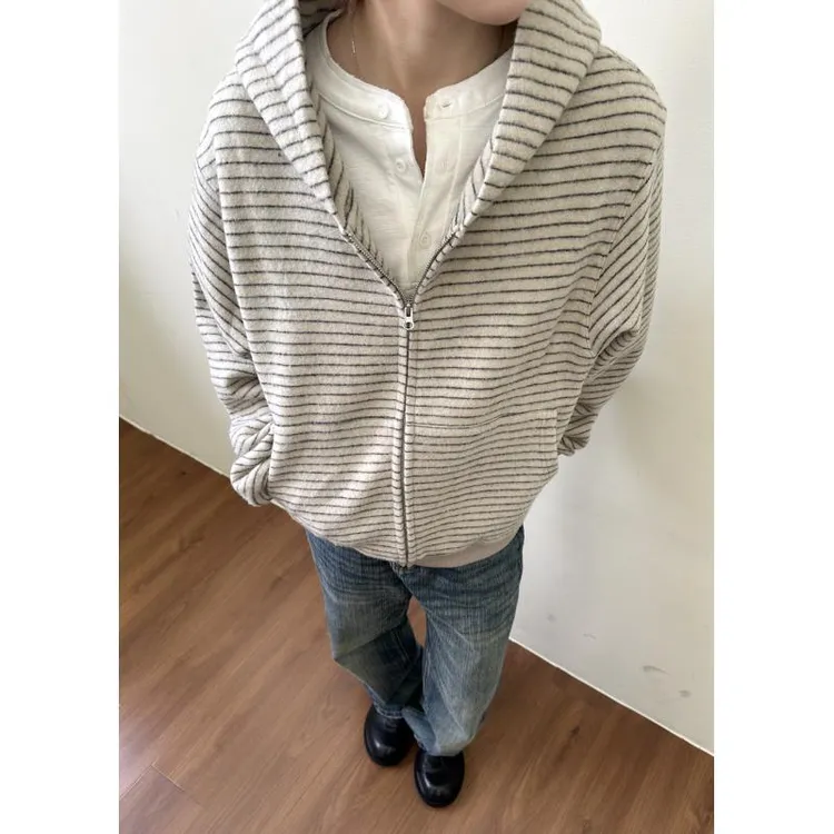 【EME】早秋新款条纹绒感舒适通勤日常拉链休闲连帽宽松boxy卫衣