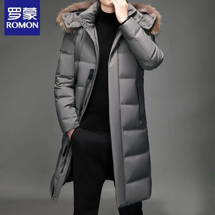罗蒙冬季新款保暖男士连帽中长款防风过膝羽服加厚款保暖羽丝外套