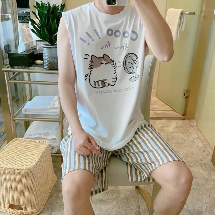 GPSUNLU新款睡衣男夏季纯棉可外穿背心无袖夏天宽松学生家居服