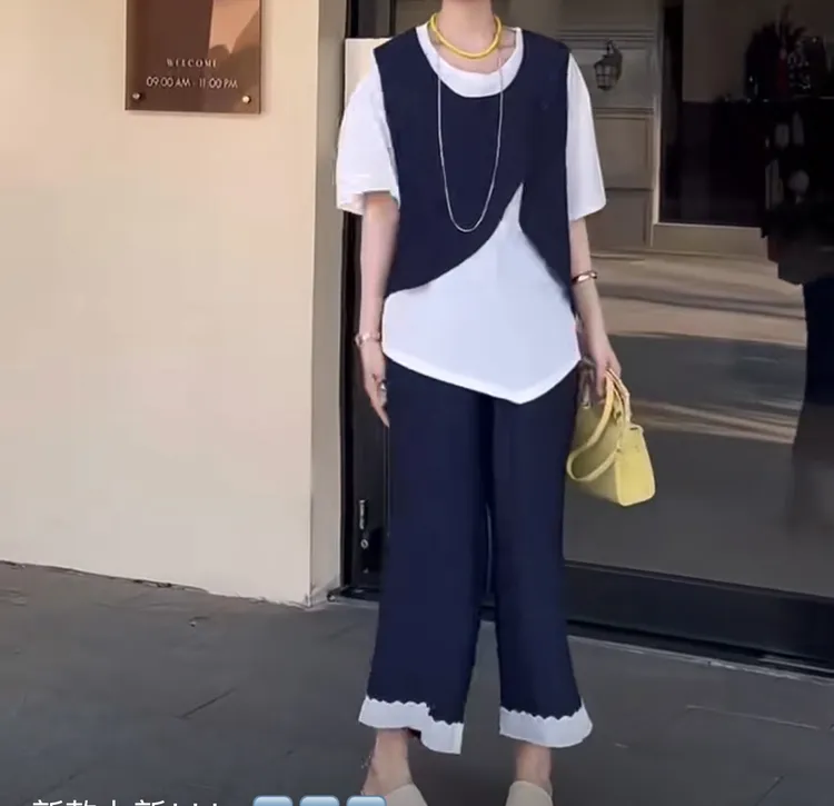 复古风短袖套装慵懒风INS风显瘦阔腿裤时尚时尚套装网红休闲