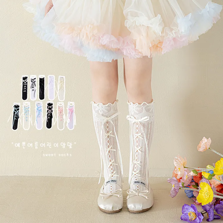 女童袜子春夏季薄款儿童花边中筒袜蝴蝶结小腿袜芭蕾风公主堆堆袜