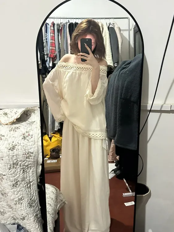 法式温柔一字肩镂空睡衣女夏天穿搭老钱风长袖长裤家居服套装外穿
