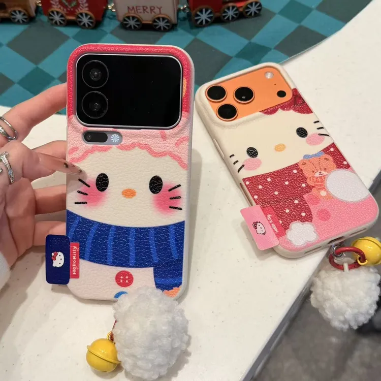 奥菲顿围巾kt猫毛球铃铛适用苹果17皮纹16手机壳华为vivo小米oppo