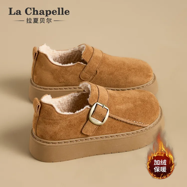 拉夏贝尔厚底加绒勃肯鞋女2025新款冬季保暖休闲乐福鞋低帮棉鞋子