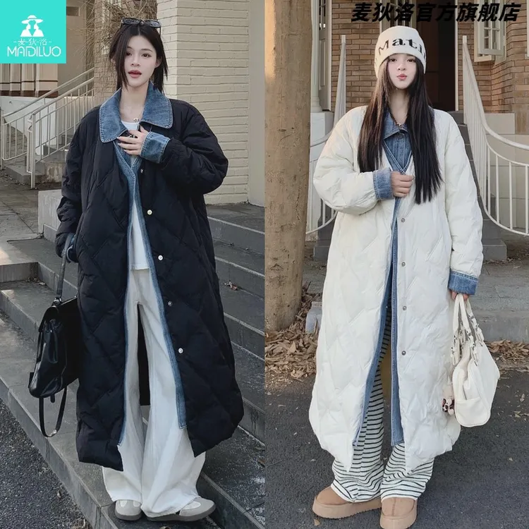 大码高级感假两件牛仔拼接精致服女冬季时尚胖保暖宽松长款外套