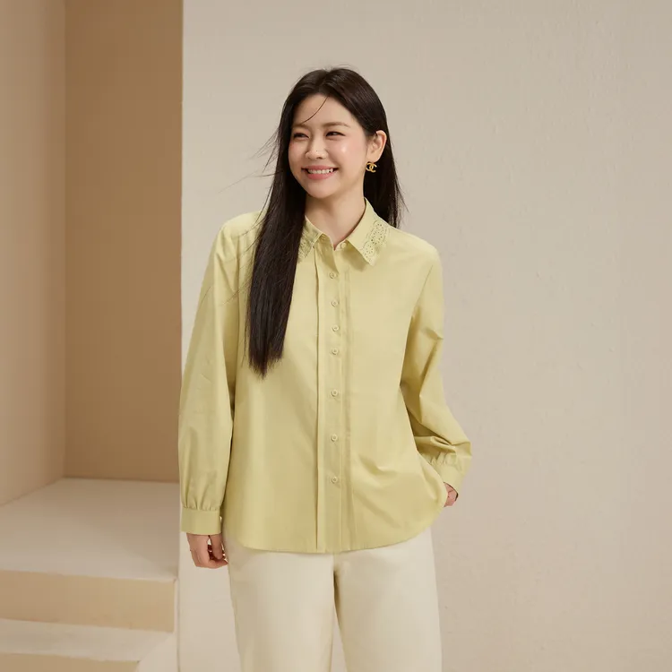 【花笺】纤莉秀W大码女装秋上新流光风莱赛尔混纺蕾丝衬衫QK3274