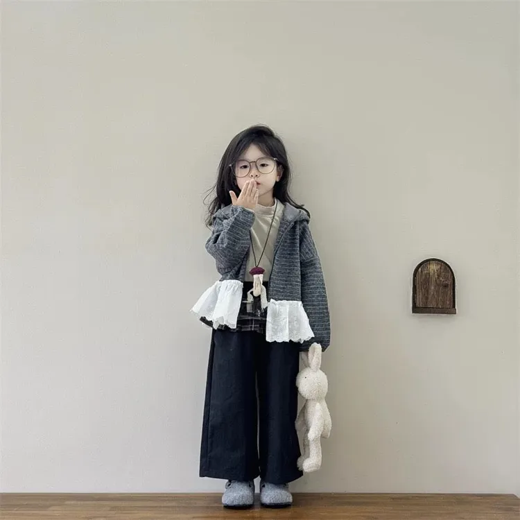儿童洋气条纹拼接花边外套装2025新款韩版女童秋季休闲长袖连帽衫