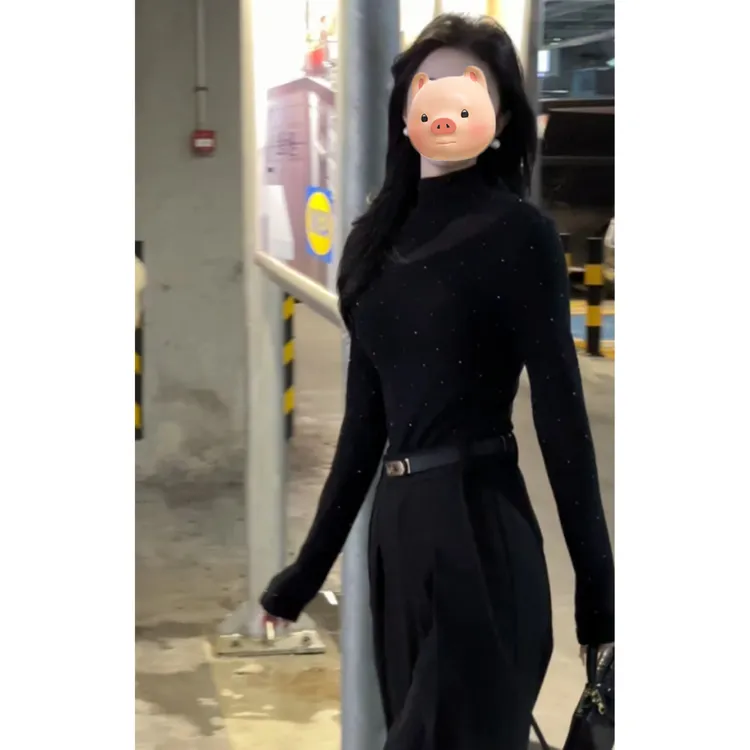 法式重工网纱拼接黑色加绒加厚长袖T恤女秋冬修身内搭打底衫上衣