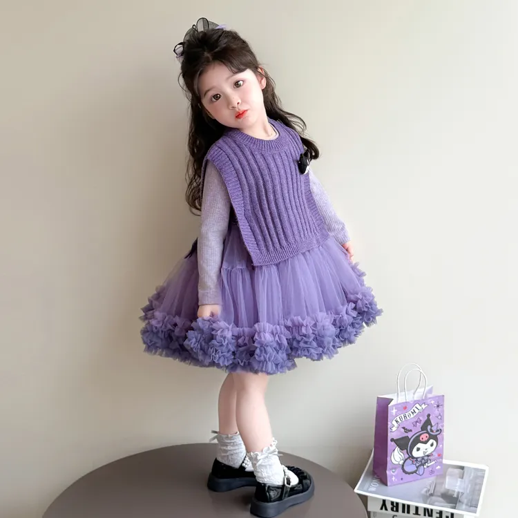 新款库洛米洋气马甲毛衣蓬蓬裙2025女童连衣裙套装女宝宝秋装外穿