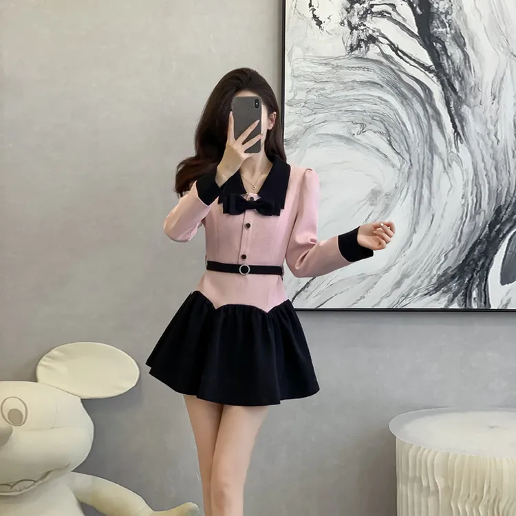 新款法式小香风长袖连衣裙短裙时尚显瘦制服修身小个子女装撞色