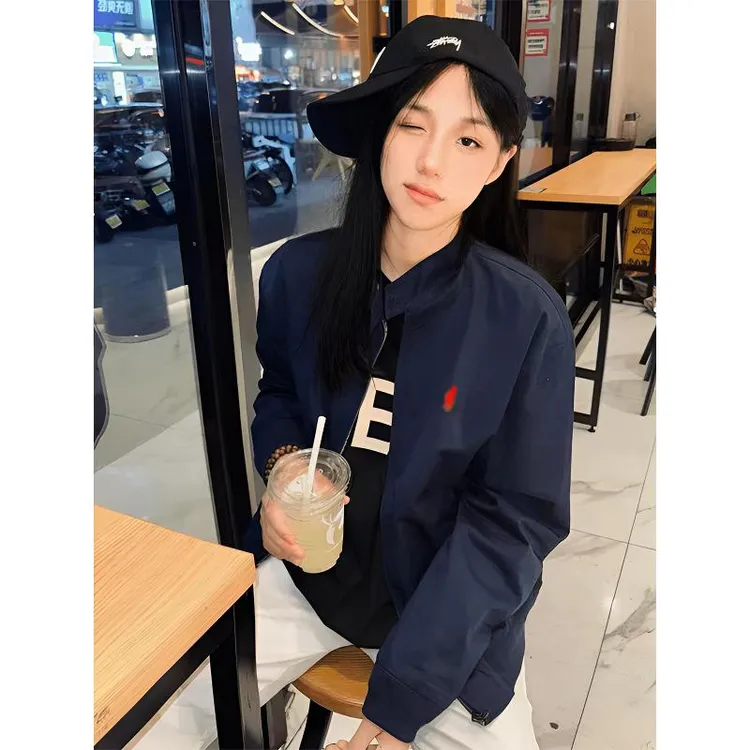藏青色小马刺绣外套男春秋美式高街立领防水夹克哈灵顿工装棒球服