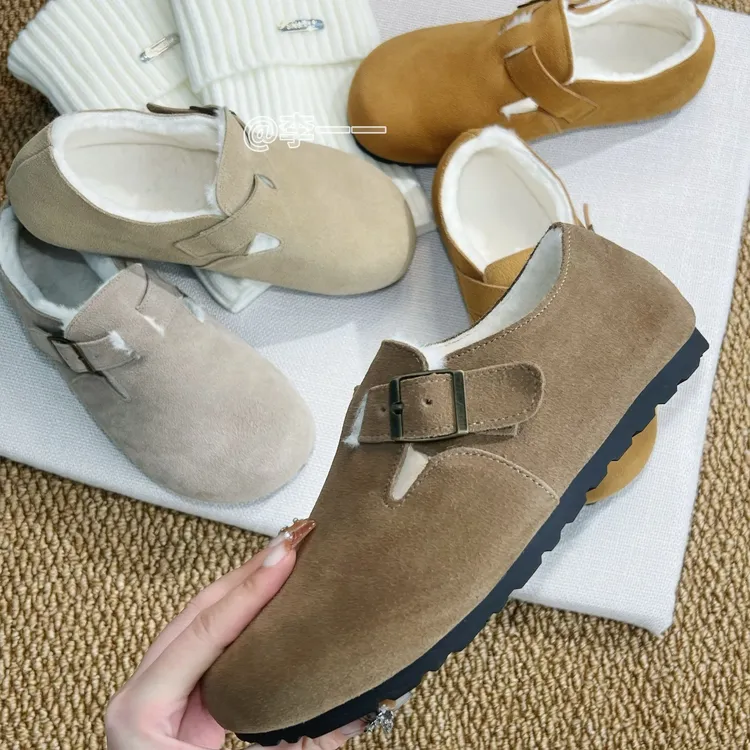 李一一【牛皮全包勃肯鞋】加绒毛毛鞋女棉鞋雪地靴真皮厚底博肯鞋