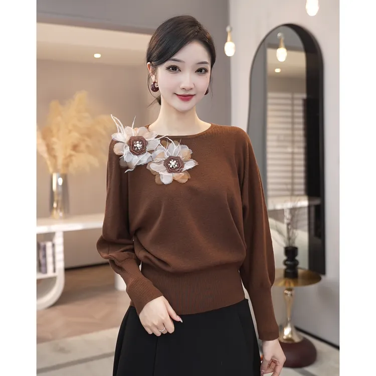 现货2025秋冬新款【LT-1214JR】含醋酸丝羊毛咖色v领宽松针织上衣女