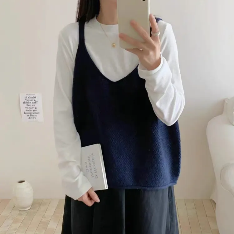 瑞丽新款韩系圆领纯色细带羊毛针织马甲女百搭叠穿背心上衣秋款