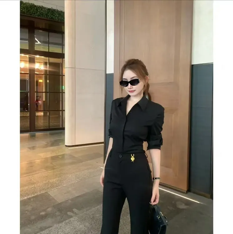 2025新款黑色高级感长袖衬衫+微喇叭高腰修身长裤气质ol套装女