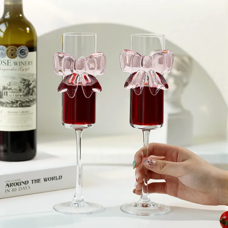 轻奢ins香槟杯蝴蝶结酒杯微醺高脚杯新款高颜值玻璃水杯女红酒杯