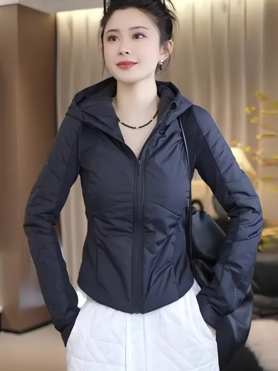 秋冬夹棉连帽短外套女2025新款修身气质小个子洋气轻薄夹克小棉袄