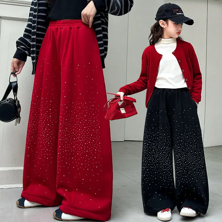 女童冬季加绒加厚裤子儿童烫钻宽松卫裤拜年红色运动休闲裤新年装