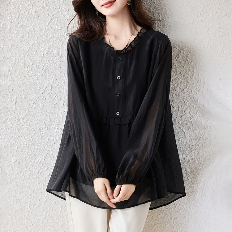 时尚气质大码黑色长袖小衫2025年秋季新款宽松遮肉透气显瘦上衣女