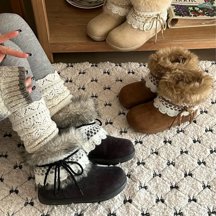 爆款2025冬季时尚针织围边加绒保暖舒适短靴女时尚ins潮雪地靴