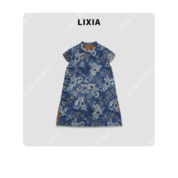 LIXIA【蓝韵青花】时尚风复古蓝韵人丝香云纱国风马夹-D8511