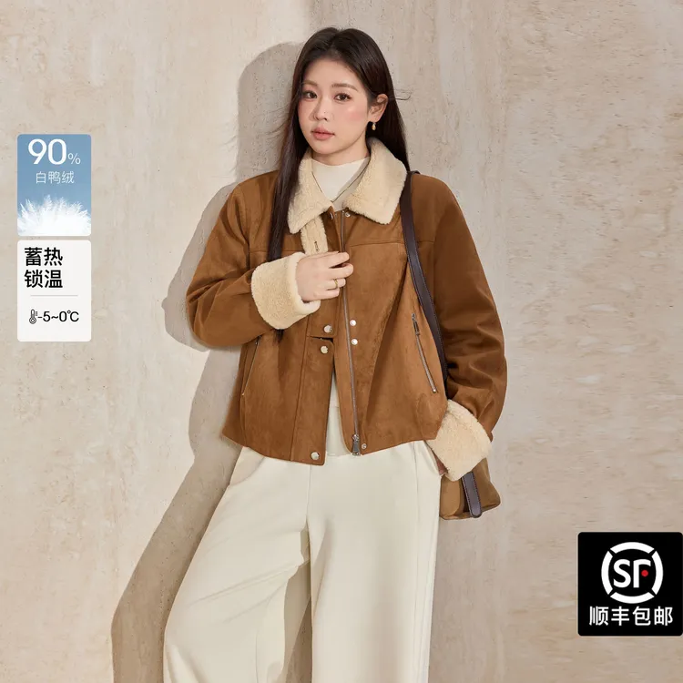 蓝语大码复古机车仿麂皮绒羽绒外套2025冬新款保暖仿羊羔毛夹克