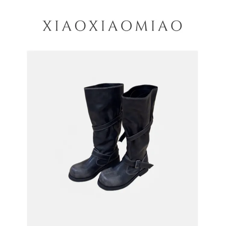 XIAOXIAOMIAO甜酷Girl～粗跟做旧擦色骑士靴女显瘦圆头不过膝长靴