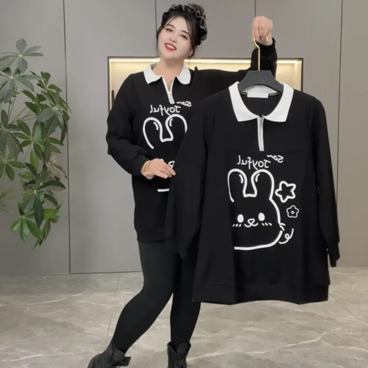 2025秋季新款大码翻领减龄宽松遮肉显瘦可爱百搭中长卫衣9667