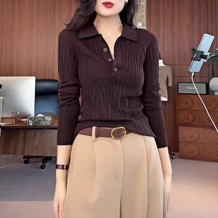 高级肌理感Polo领长袖针织衫秋季新款显瘦气质百搭打底衫上衣