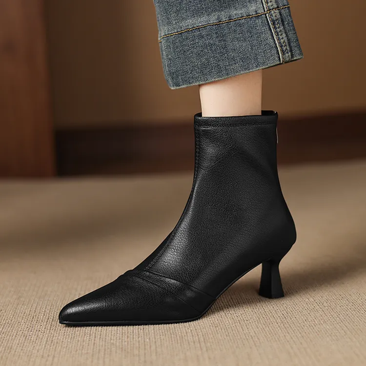 5.5cm冬季新款韩版细跟弹力靴百搭尖头高跟靴子黑色时尚瘦瘦靴女