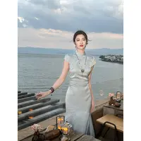凌茜【璃汐】国风新中式蓝缎面鱼尾裙气质优雅显白收腰显瘦春夏旗袍