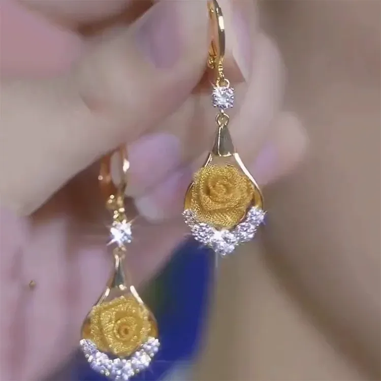 铜合金合成锆石耳饰  【14号】日韩黄玫瑰花时尚气质百搭女士耳环