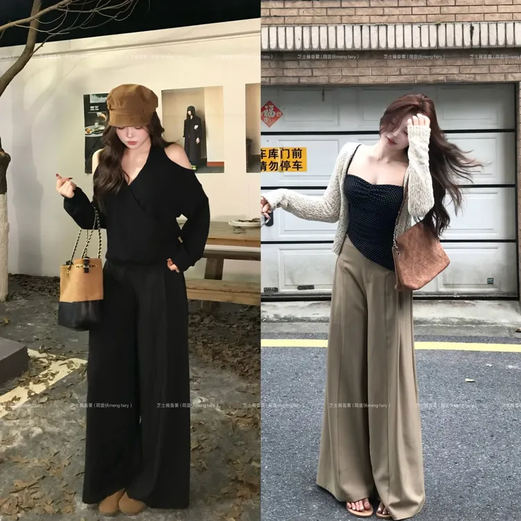 萌面侠芝士【雅痞老钱裤】出游服装女长裤百搭老钱风女装6554流光风