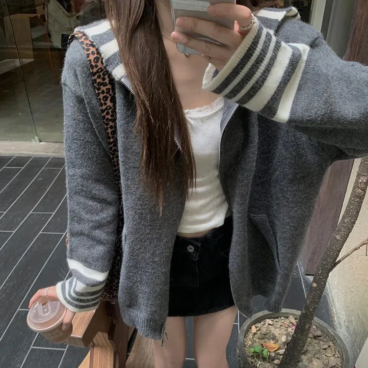 海军领灰色毛衣女秋冬新款慵懒风宽松撞色条纹针织开衫外套上衣