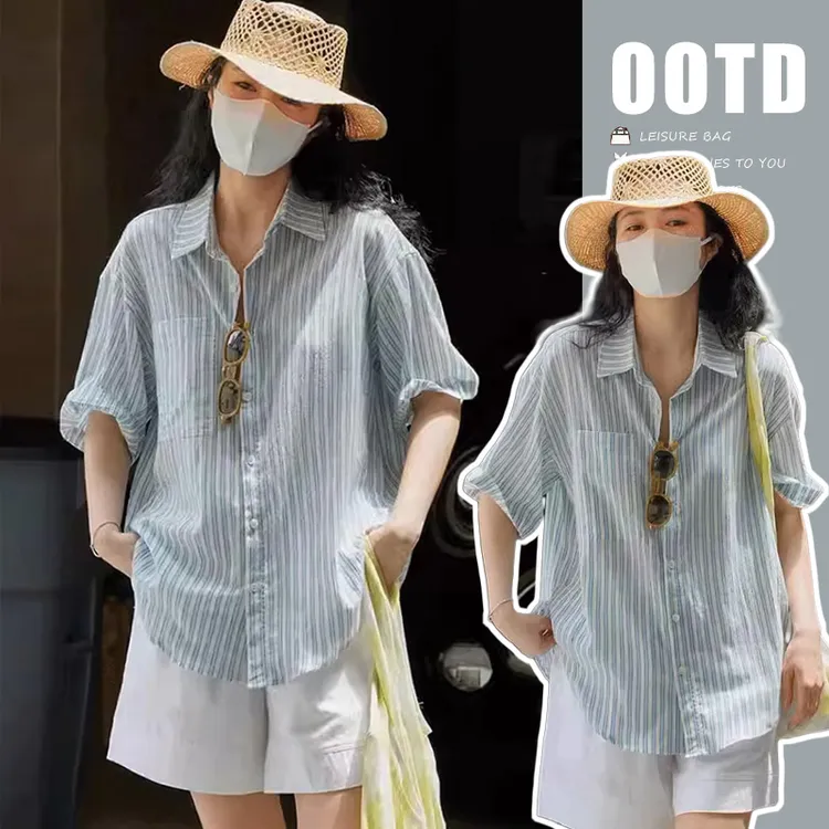 孕妇宽松衬衫女夏新款休闲慵懒风设计感小众衬衣高腰托腹白色短裤