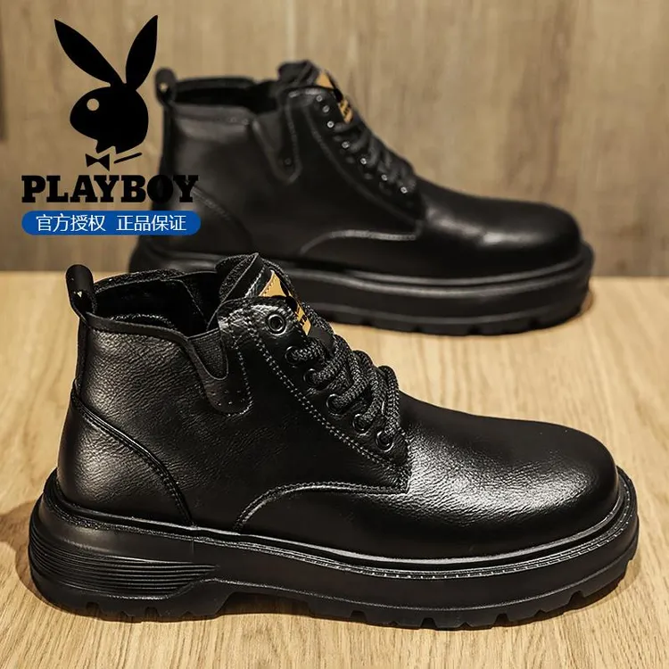 花花公子马丁靴男2025新款冬季黑色耐磨面男靴防滑厚底户外工装靴