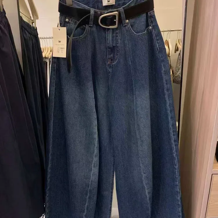 磨毛蓝色弯刀牛仔裤