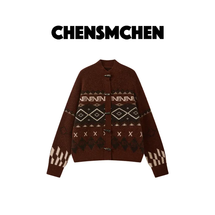 CHENSMCHEN 【牛角扣费尔岛】羊驼毛针织开衫女复古上衣CSM11948JX