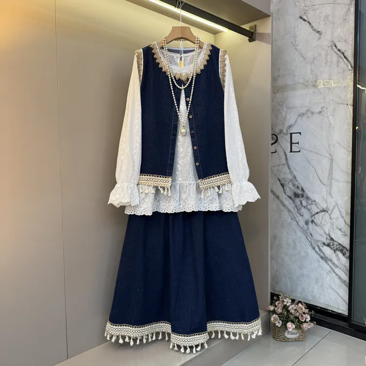 新款欧韩洋气气质大码女装长袖内搭+马甲+半身裙显瘦三件套85052