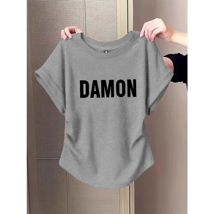 小飞袖褶皱正肩短袖t恤女夏季2025新款设计感收腰显瘦圆领上衣潮